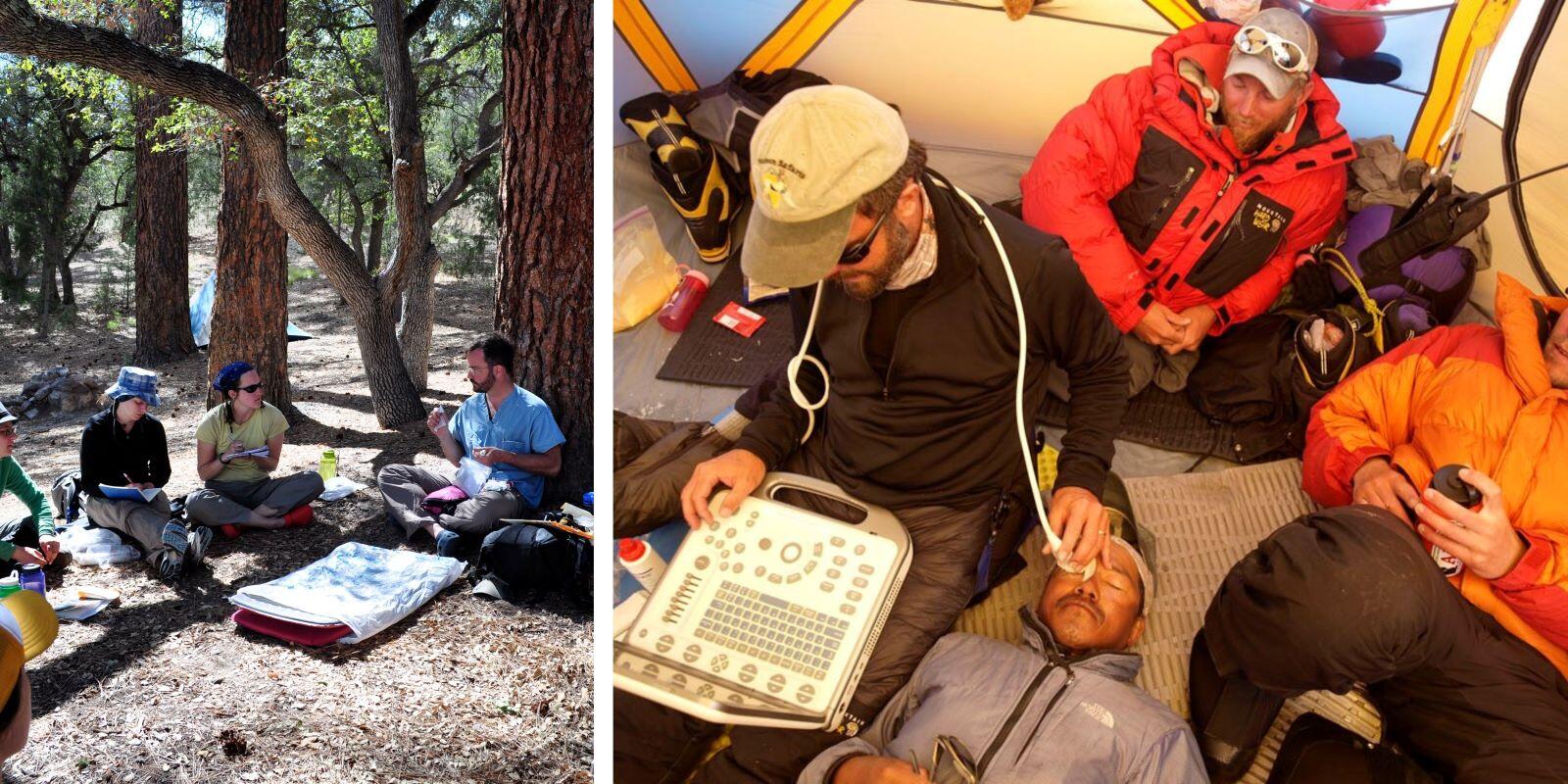 On the left is a photo of several people sitting on the ground in a forest. On the right is a photo of three people sitting on the bottom on a tent, and one person laying down. 