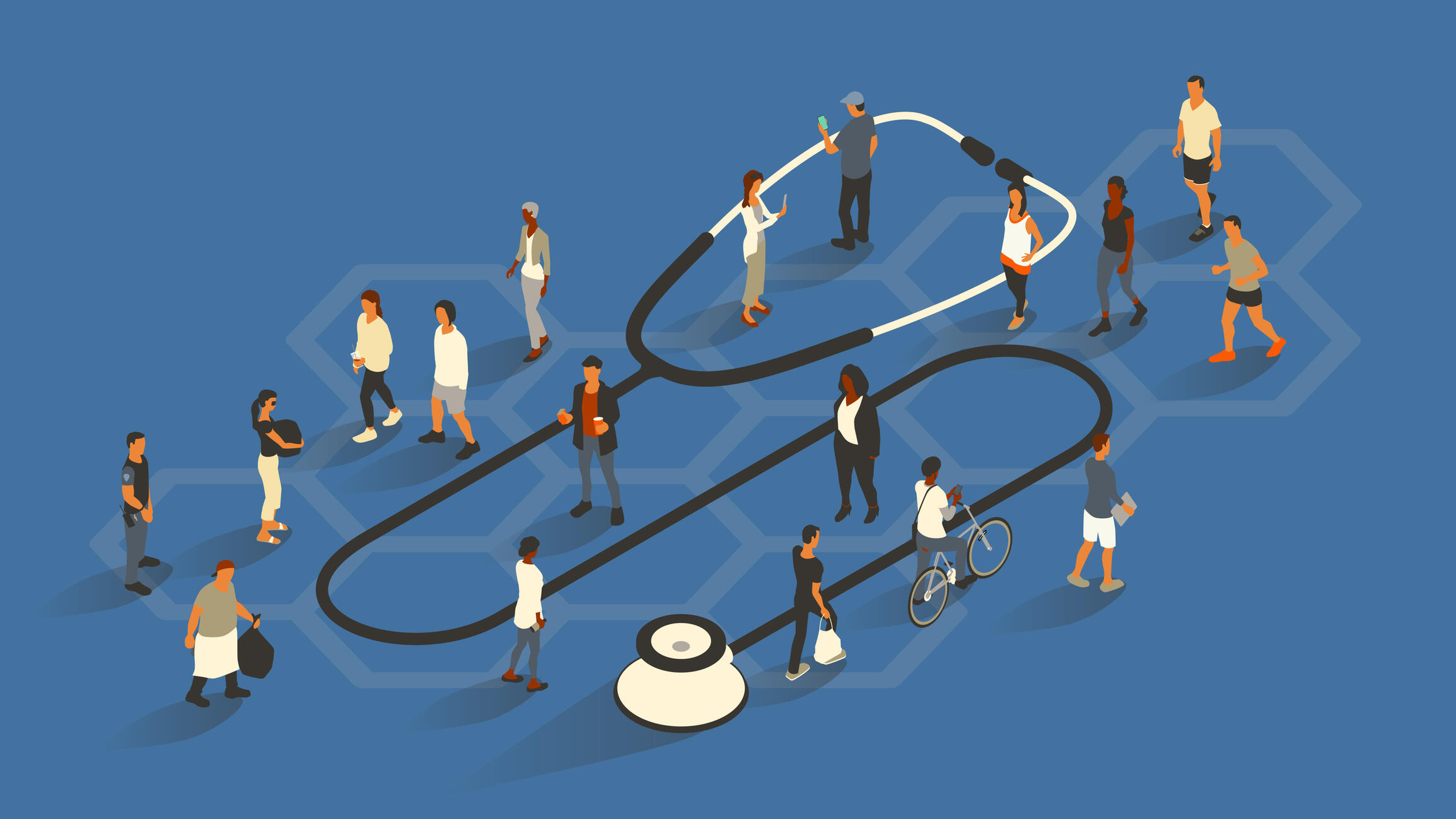 An illustration of 18 people walking and standing around a giant stethoscope.