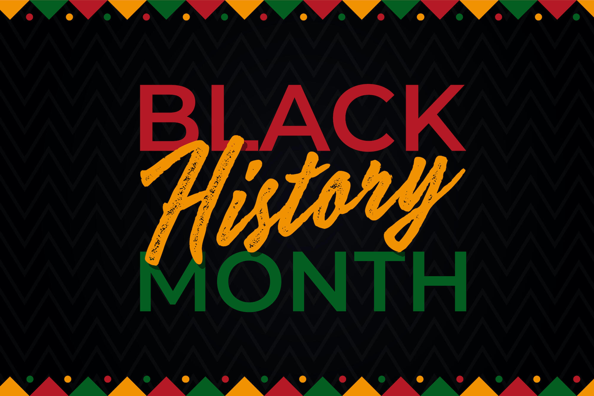 Black History Month in red, yellow, and green text on a black background and a red, yellow, and green geometric patterned border. 