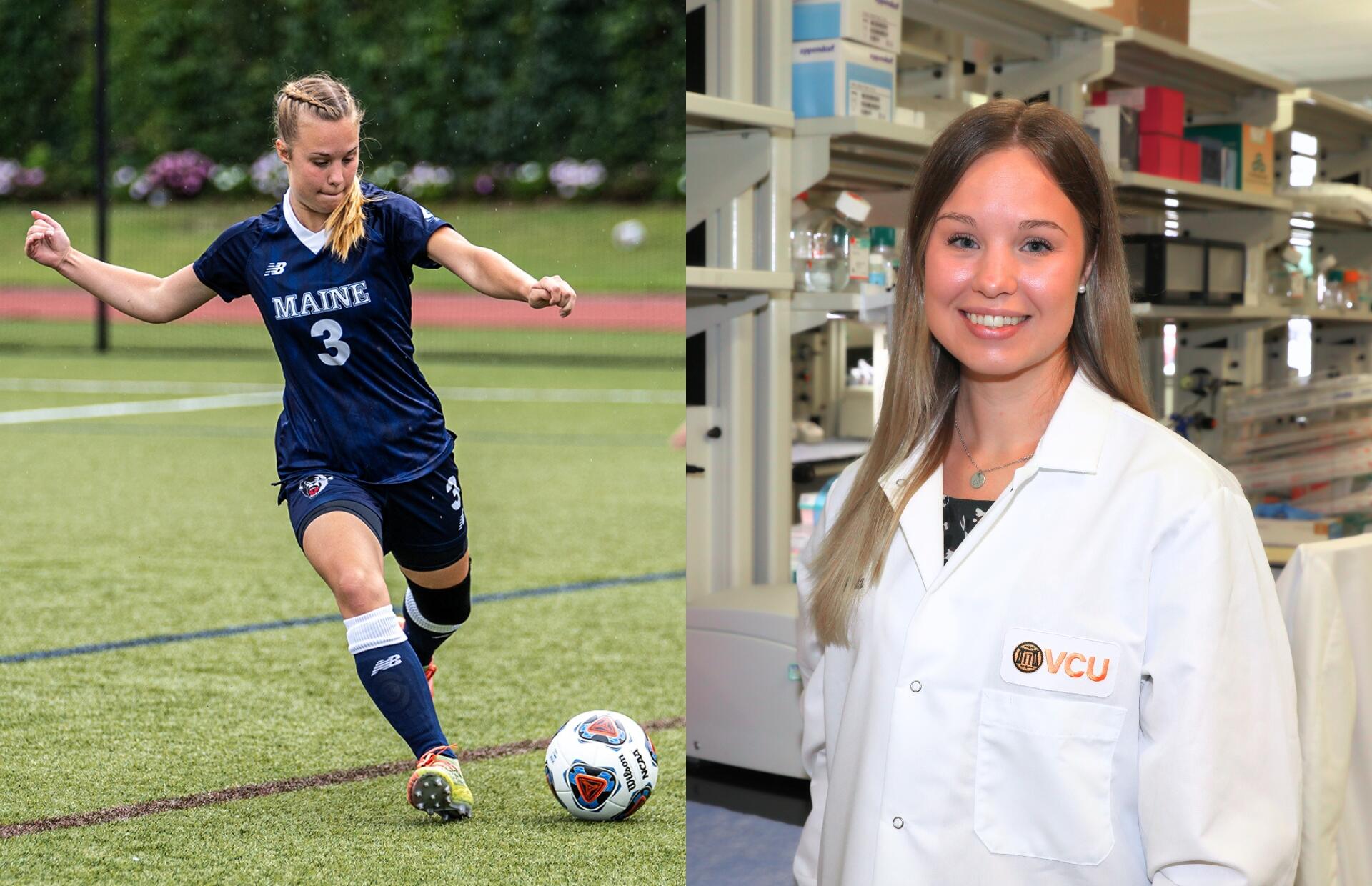 A photo of a woman kicking a soccer ball next to a photo of the same woman wearing a white medical lab coat. 