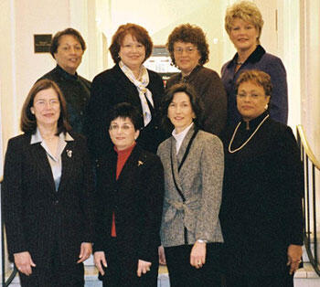 The winners of the 24th Annual YWCA Outstanding Women Awards also had to embody the goals and values of the YWCA - eliminate racism, empower women.
(Back row, left to right) Jean Patterson Boone, (Communications); Dr. Ellen Shaw de Paredes, (Health and Science); Janette Forte, (Government and Politics); Rhonda VanDyke Colby, (Religion); (Front row, left to right) Debra Prillaman, (Law); Amy Nisenson, (Volunteerism); Cathy Howard, (Human Relations); Carmen Foster, (Education); not pictured, Marilyn Tavenner, (Business)

Photo by Tracy Decker, YWCA