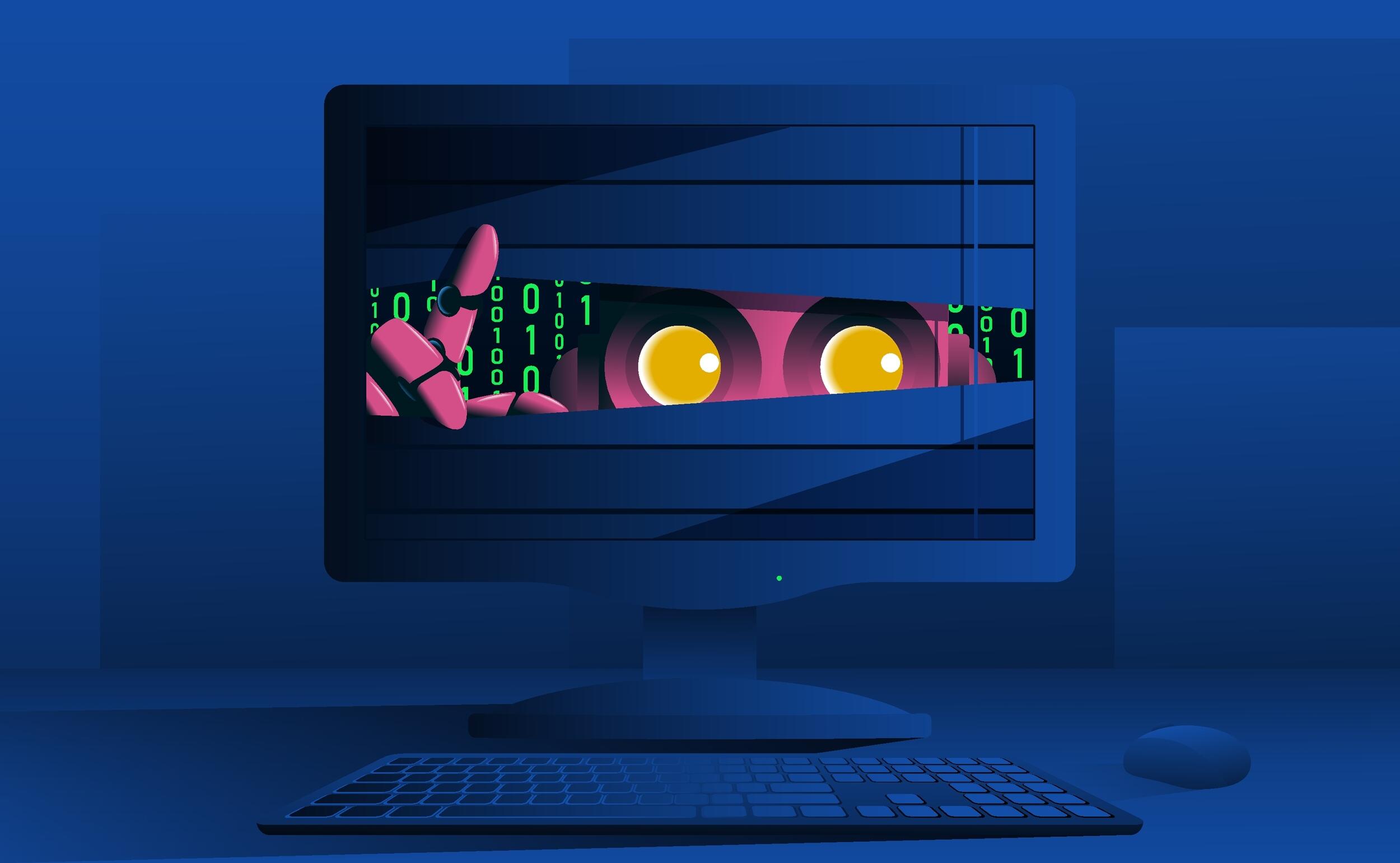 An illustgration of a computer monitor sitting on a desk. On the scereen is a robot who is peaking behind blinds. 
