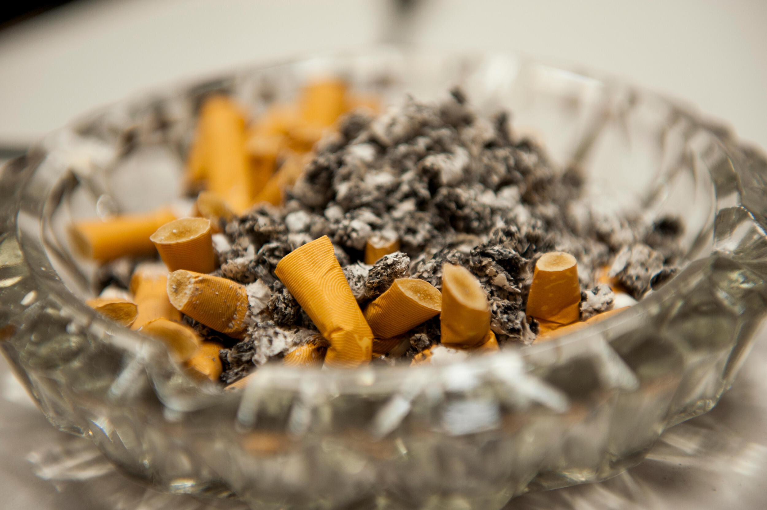 Close-up image of used cigarettes in an ashtray.