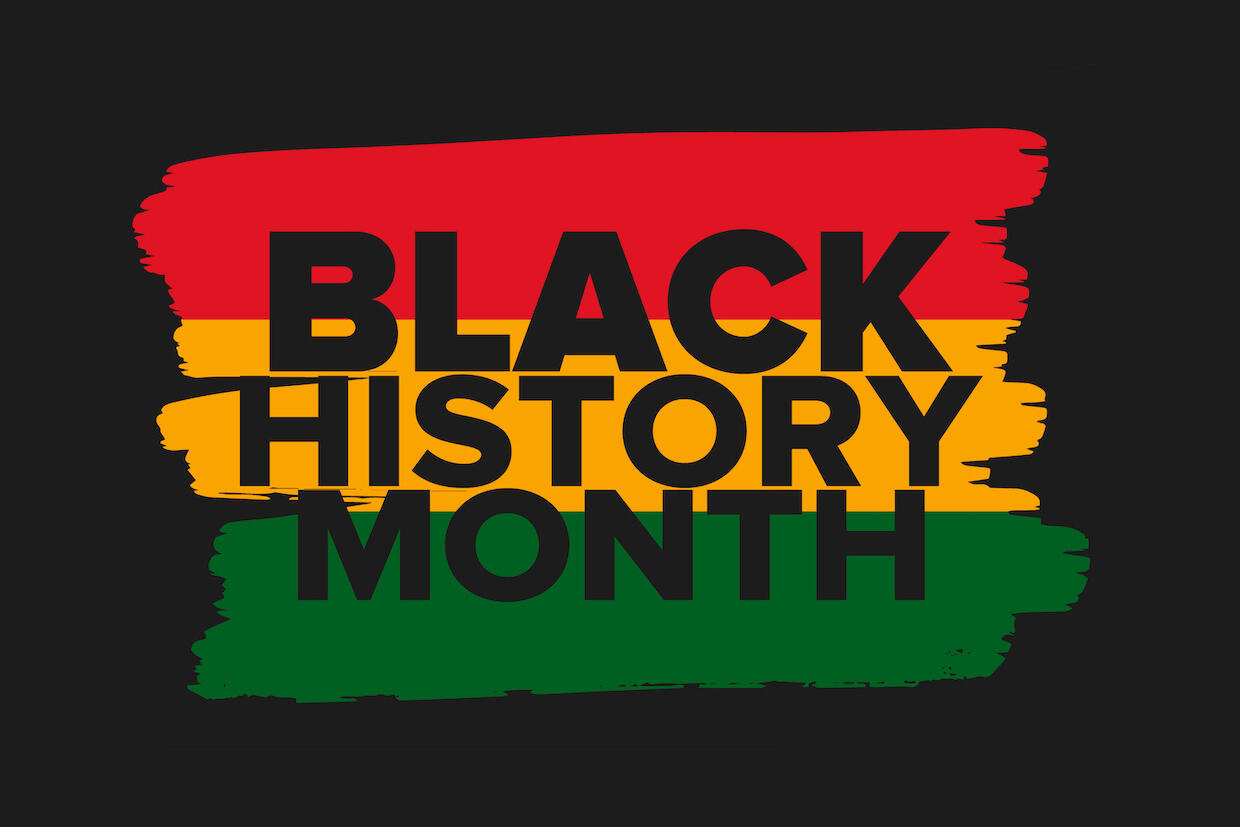 \"Black History Month\" written in front of paint strokes of red, yellow, and green.