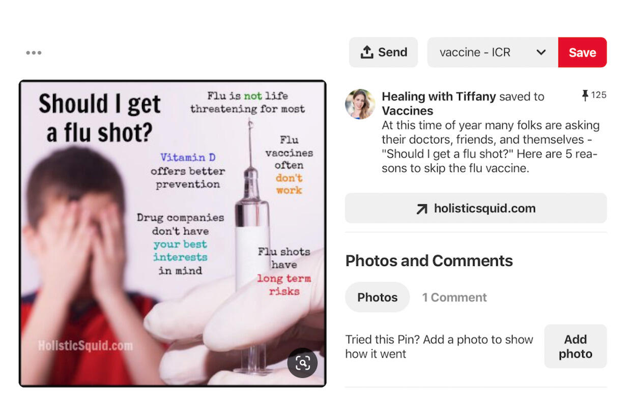 Pinterest post with misinformation about the flu shot.