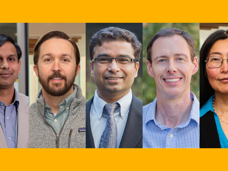 Photos of five people from the shoulders up. 