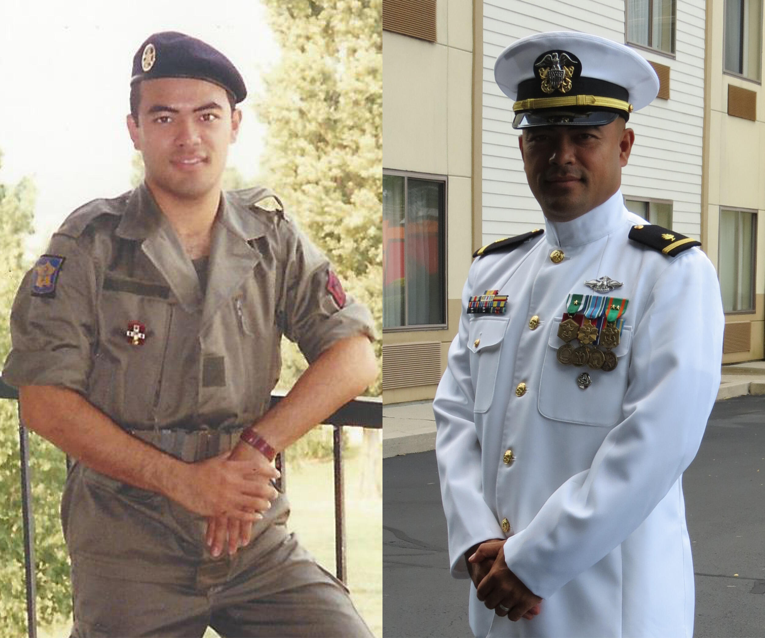 Nathan Tuoch in a French military uniform on the left and a U.S. Navy uniform on the right 