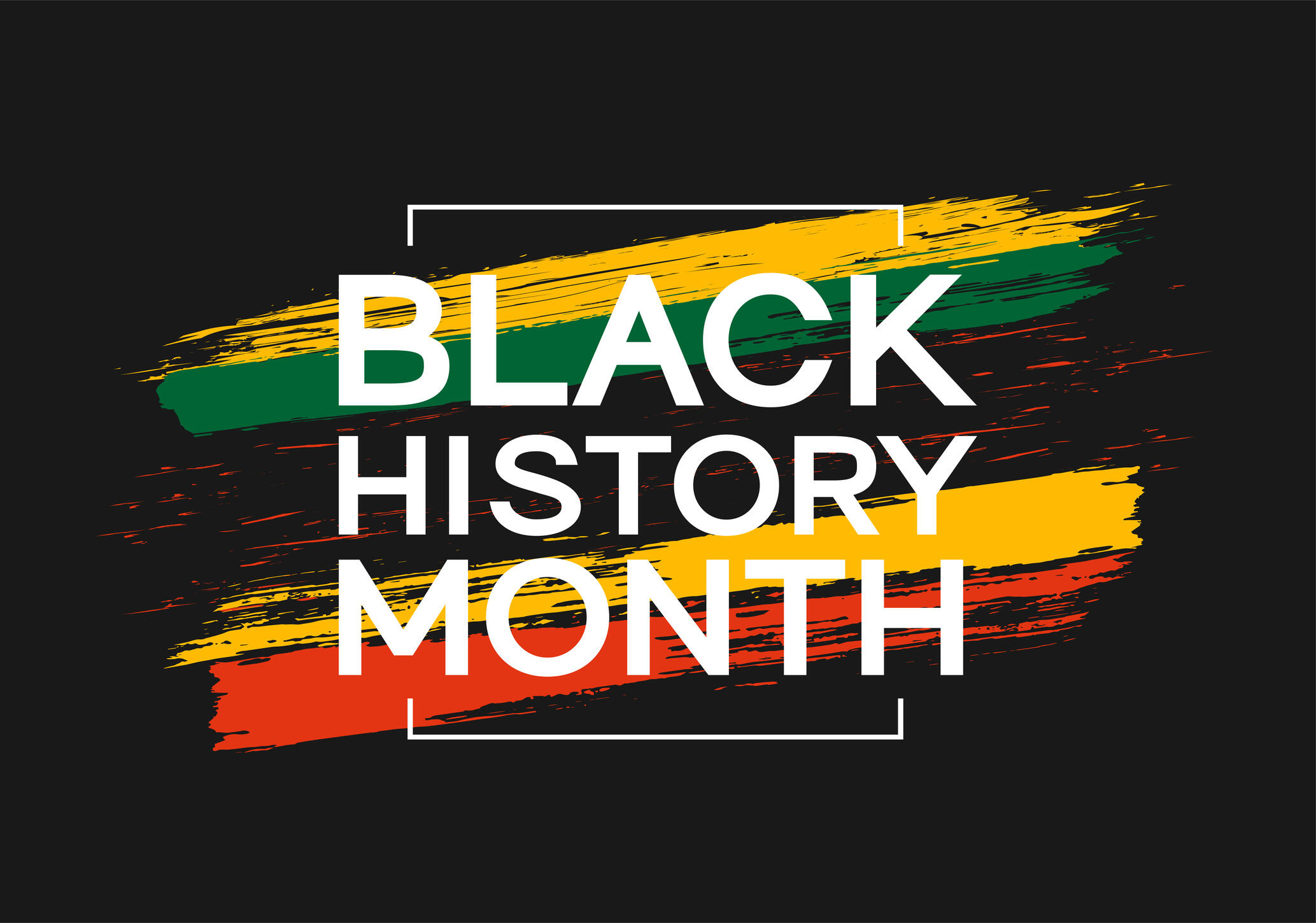 White letters spell out \"BLACK HISTORY MONTH.\" The words are on top of yellow, green, yellow, and red stripes. 