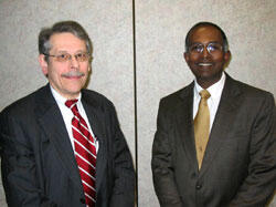 VCU Division of Cardiology Chair, Dr. George Vetrovec (left), was faculty host for Cardiology's Grand Rounds that featured Dr. Vigneshwar Kasirajan (right), assistant professor of the Division of Cardiothoracic Surgery as the featured lecturer for an overview of the latest treatments and practices in adult cardiac surgery.

Photo by Michael Ford, University News Services
