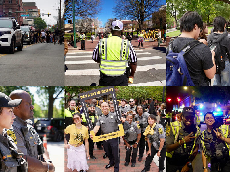 A collage of six photos. The far left photo shows a police SUV driving with the lights on. The middle top photo is a police officer standing at a cross walk. The top right photo is a line of people. The second bottom left photo shows two police officers from the shoulders up. The middle bottom picture shows a crowd of police officers smiling. The bottom right photo shows three police officers smiling. 