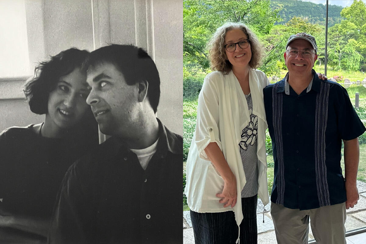On the left is a black and white photo of a man and woman looking at each other. On the right is a photo the same mand and woman but older, standing next to eachother. 
