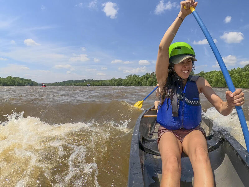 Student Tamara Eddy learned canoe skills on the third day of Virginia Commonwealth University’s Footprints on the James class this summer. Sitting in the front of a canoe, Eddy ran one of her first white water rapids at Powhite Ledges. It can be seen upstream from the Powhite Parkway. The image was taken with a GoPro mounted on the bow of the boat. (Photo: James Vonesh)