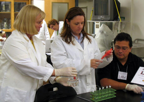 From left:  Loudoun County High School biology teacher Gini Temple, Michelle Peace, Ph.D., VCU Department of Forensic Science; and Jamestown High School biology teacher Roberto Sepulvedo conduct a lab experiment in VCU’s “DNA, Drugs and the Law” Summer Series Workshop.  The workshops give teachers a hands-on experience and offer engaging strategies for teaching their students. Photo by Mike Porter/VCU Office of University News Services
