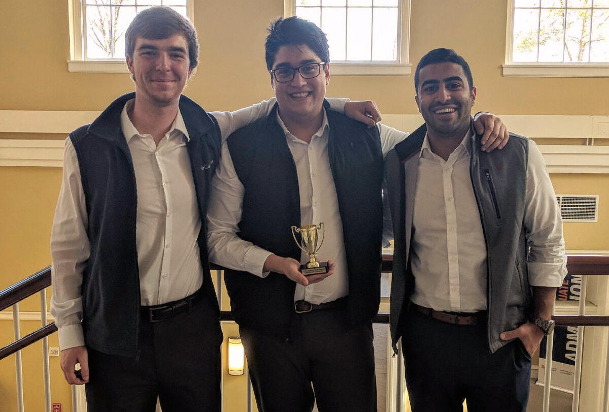 VCU School of Business students Hunter Ford (left), Stefano Caprirolo and Saajan Sappal won the fourth annual National Undergraduate Venture Cup at the University of Virginia on April 14, 2018.