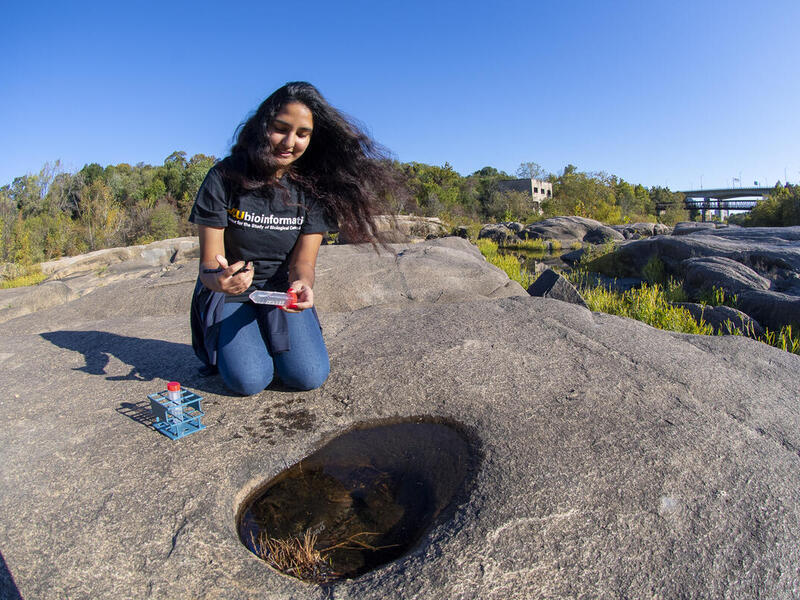 Bioinformatics major Nasita Islam collects a water sample from a rock pool along the James River in Richmond. Islam developed a method to isolate phages from water for a VCU Honors Summer Undergraduate Research Program project. (Tom Kojcscich, University Marketing)