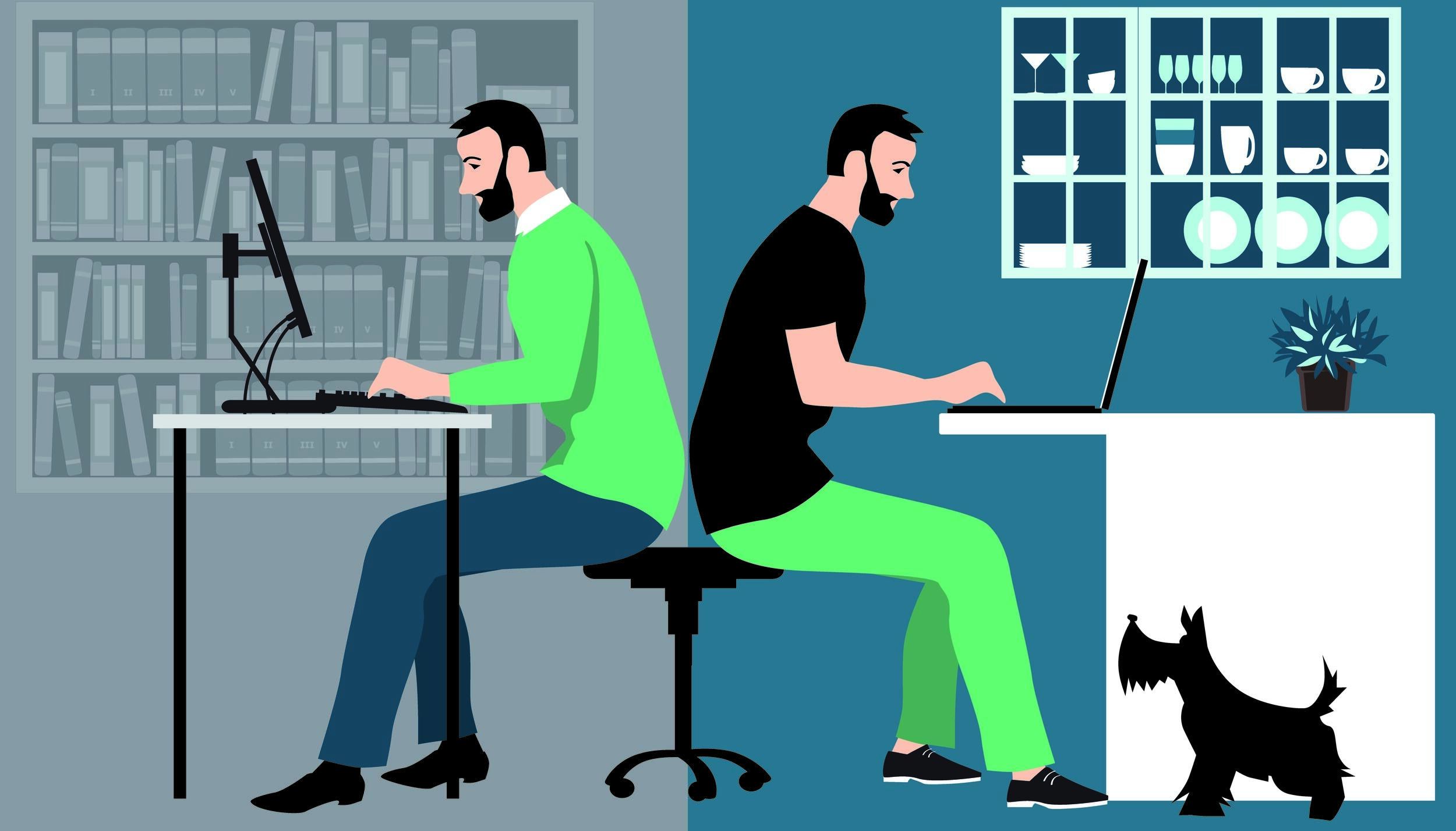 An illustration of two men sitting back to back. The man on the left is working at an office desk and the man on the right is working at a kitchen counter. 