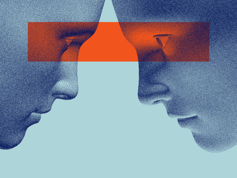 An illustration of two blue faces looking at each other. There is a transparent red rectangle covering the two face's eyes. 