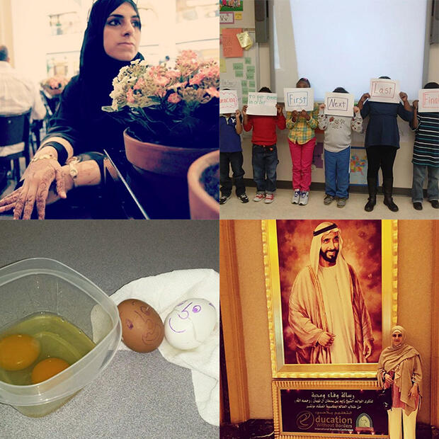 (clockwise from top left) Fajir Amin; children in a classroom holding up signs with vocabulary words related to sequencing; Fajir standing in front of a portrait of Sheikh Zayed bin Sultan Al Nahyan, former president of the United Arab Emirates; and two egg yolks in a container next to brown and white egg shells, which Fajir uses to illustrate to her students that we are all the same on the inside.