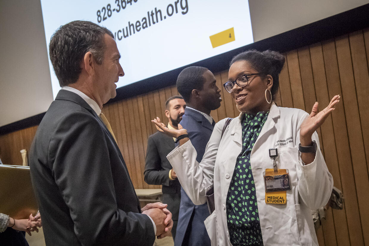 Northam met with School of Medicine students following the discussion. (Photo by Allen Jones, University Relations)