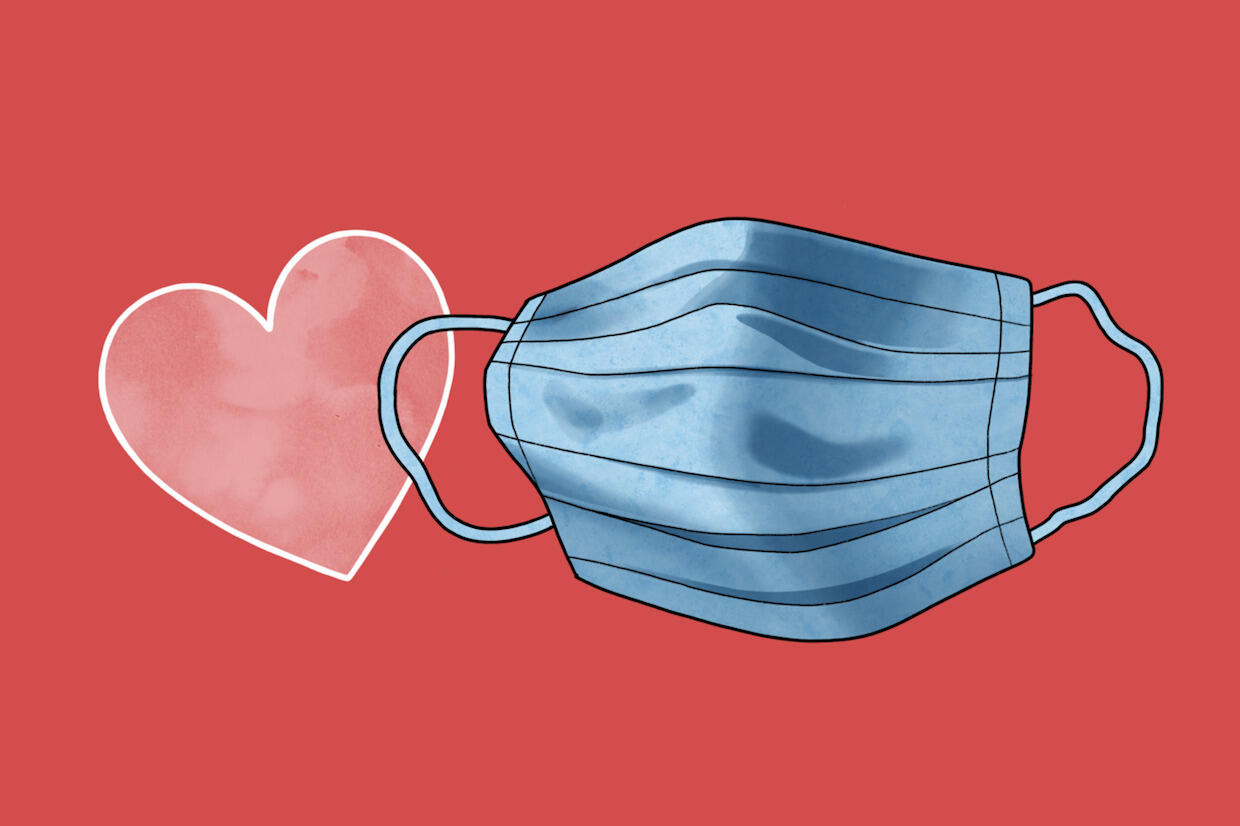 A drawing of a heart and a mask.