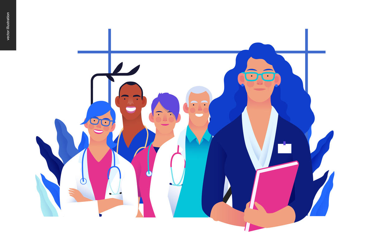 An illustration of four people in medical scrubs standing behind a woman wearing an ID tag and holding a book 