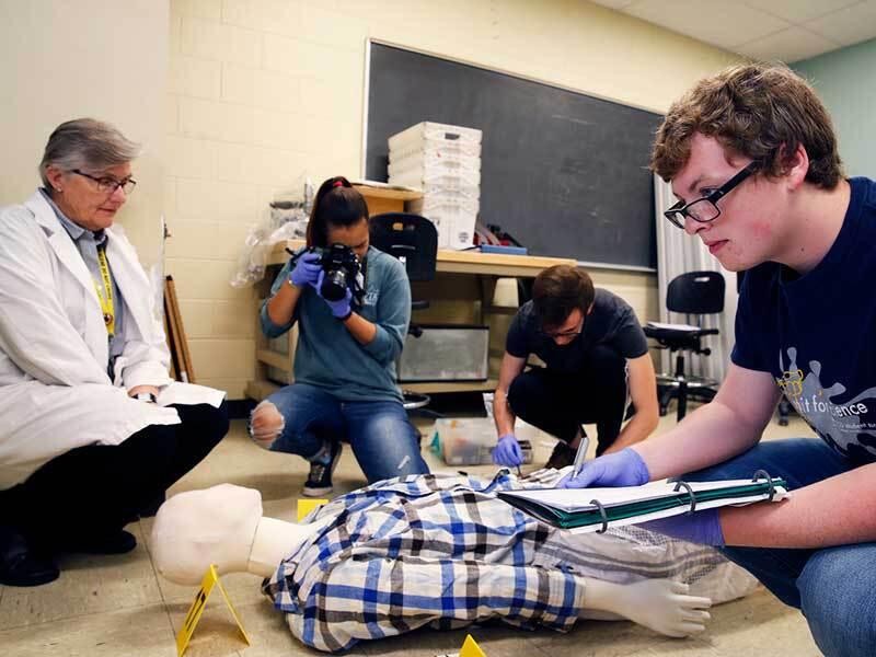 Miller oversees students working in a crime scene investigation lab. (Contributed photo)
