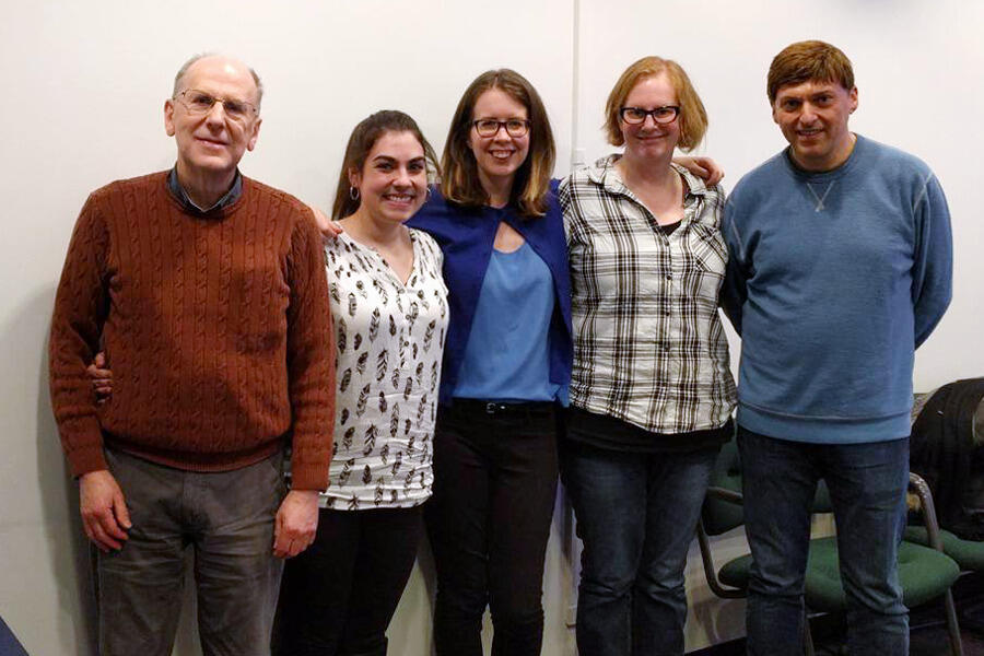 From left to right: Graeme Hirst, Ph.D., University of Toronto; Ellen Korcovelos, VCU alum; Kathleen Fraser, Ph.D., University of Gothenburg; Kristina Lundholm Fors, Ph.D., University of Gothenburg; Dimitrios Kokkinakis, Ph.D. University of Gothenburg. Fors and Kokkinakis partnered with the other researchers on a separate project in Sweden.