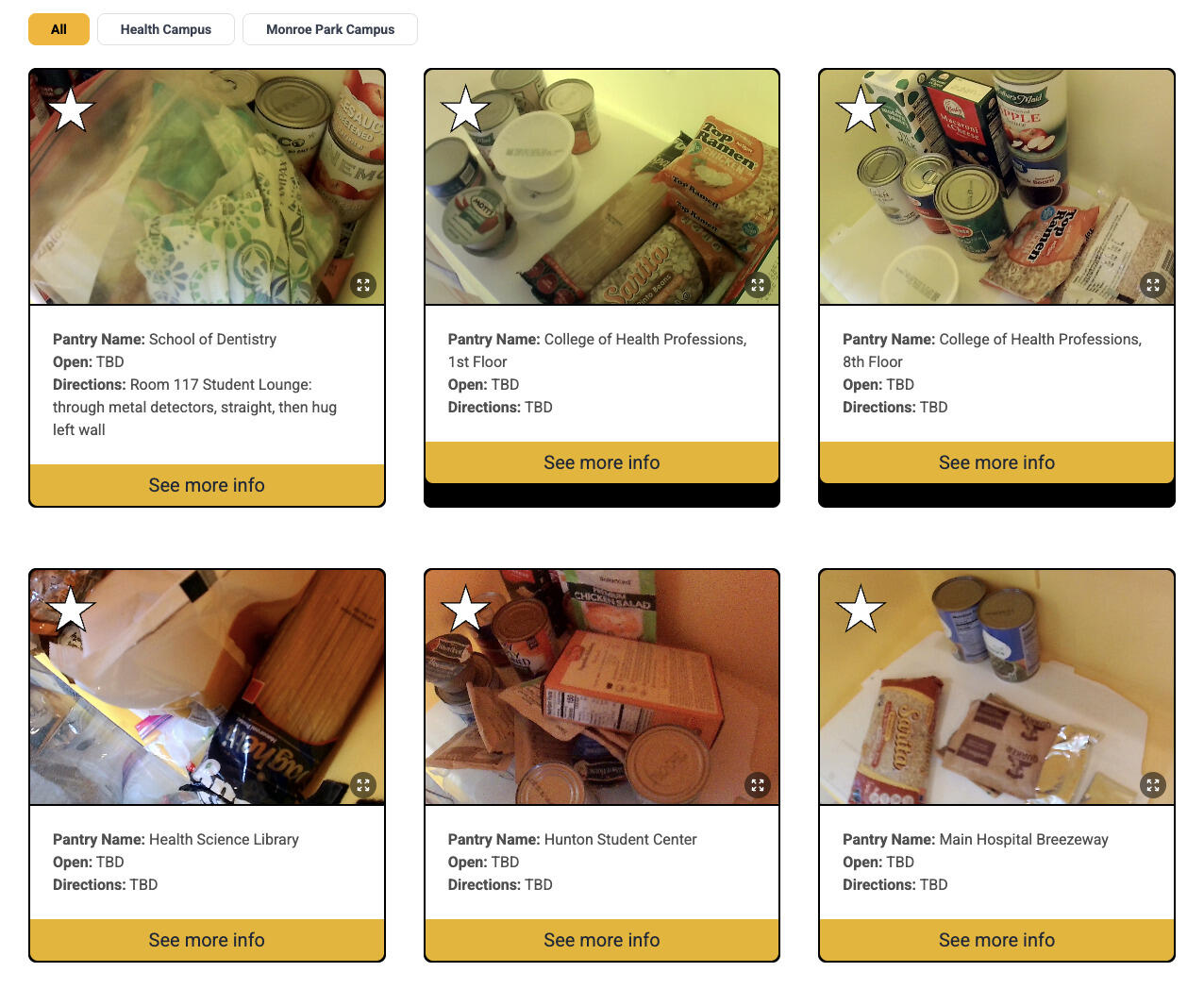 A screenshot that shows the online view of the Little Ram Pantry real-time photos. There are six photos of food sitting in a box with a photo of the location underkneath. 