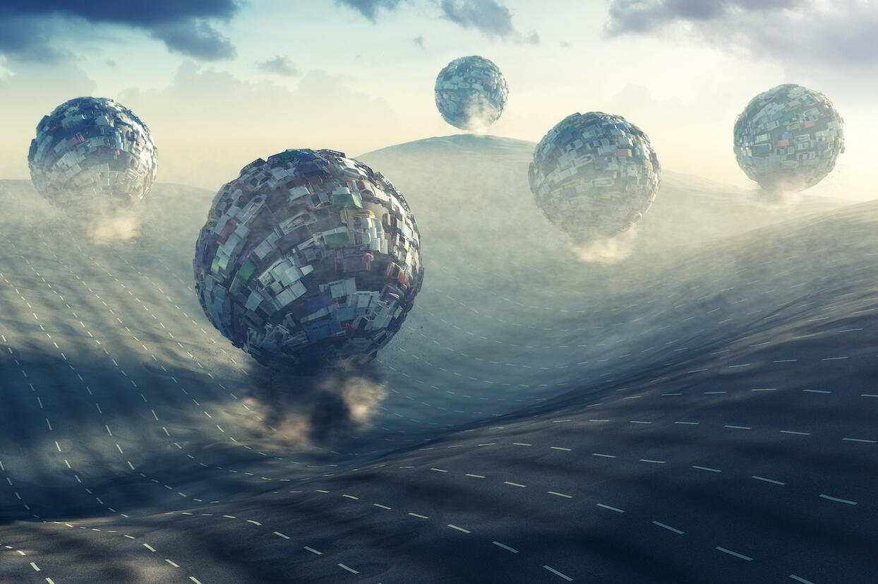 Artwork depicting spheres consisting of automobiles.