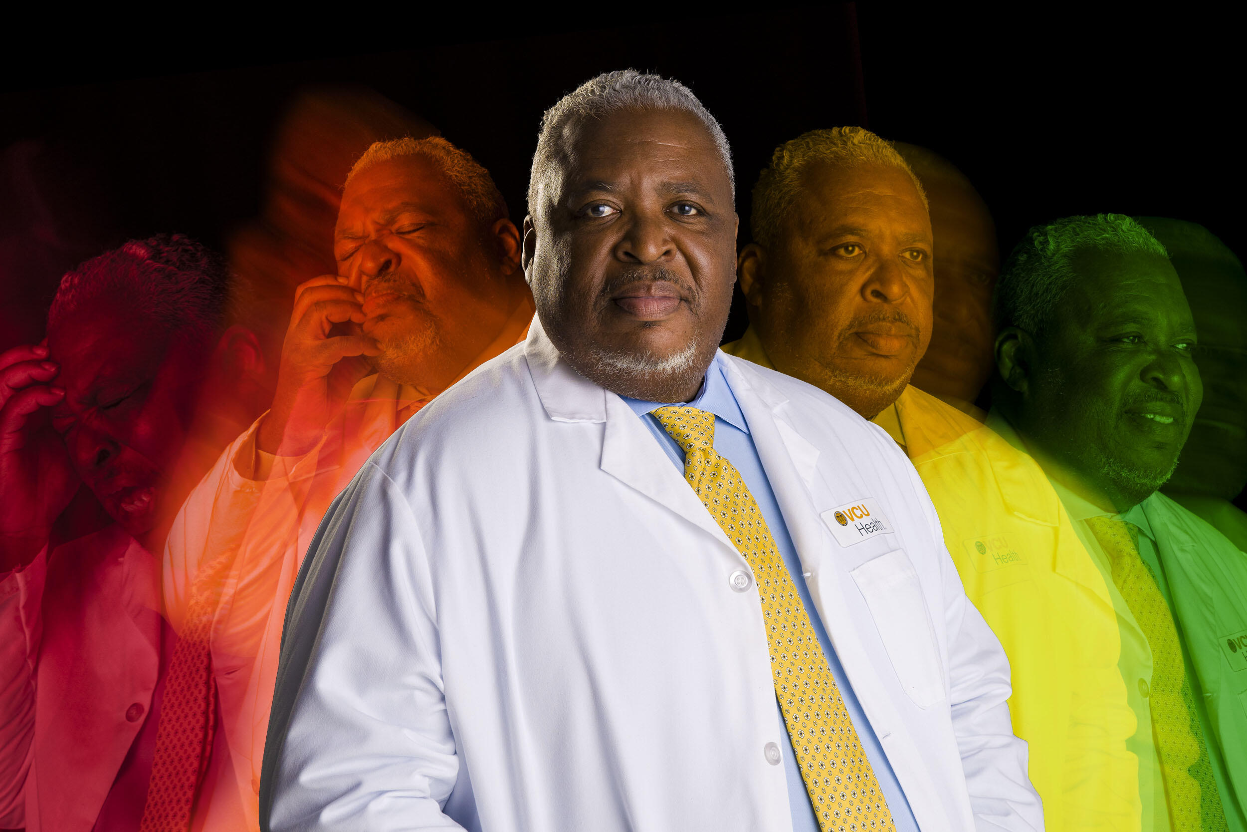 A photo of a man five times. On the left side, the man is red and orange. On the right side, the man is yellow and then orange. In the middle, the man has photo his natural color. 