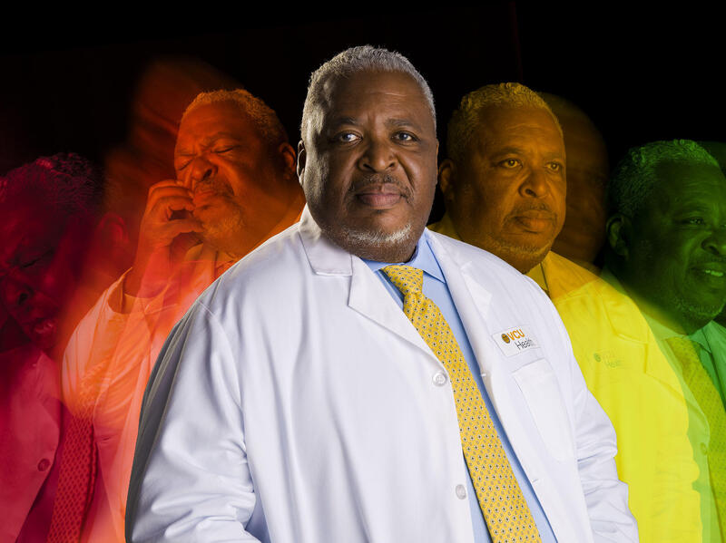 A photo of a man five times. On the left side, the man is red and orange. On the right side, the man is yellow and then orange. In the middle, the man has photo his natural color. 