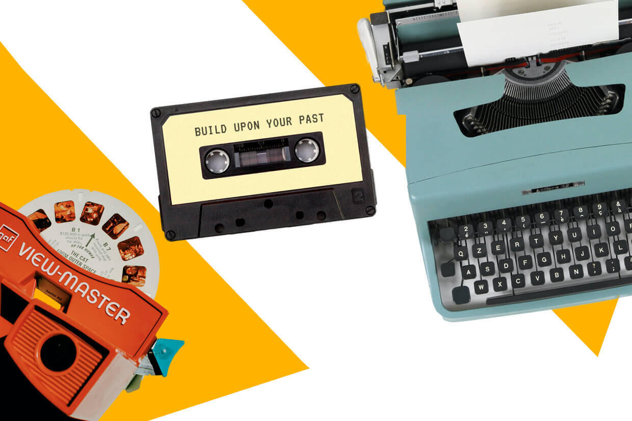 Graphic showing a view-master, a cassette tape and a typewriter