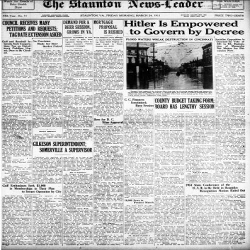 Copy of a 1930s newspaper, The Staunton News Leader, with headlines and news stories about the rise of the Nazi Party in Germany