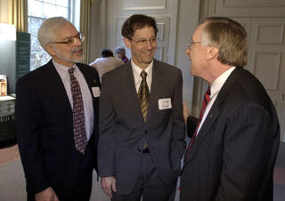 Edward F. Ansello, Ph.D., director of the Virginia Center on Aging (left), and Sheldon Retchin, M.D., CEO, VCU Health System and VCU vice president for Health Sciences (center), honor Del. Kenneth Plum, D-Fairfax, for sponsoring the legislation that created the Alzheimer’s and Related Diseases Research Award Fund. Photo courtesy Virginia Center on Aging