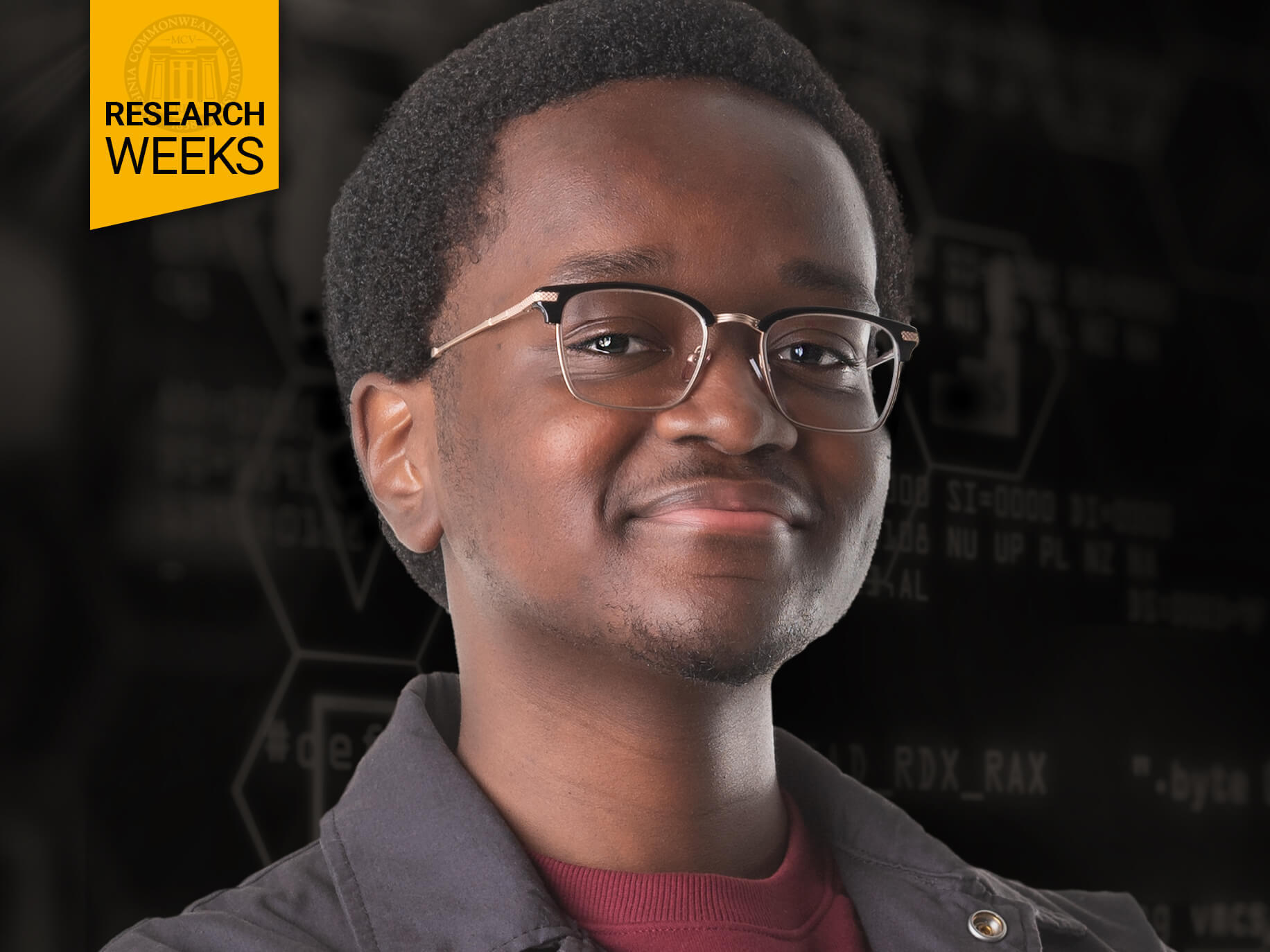 Jeffrey Duah in front of a black background with math equations. In the upper left corner is a yellow banner that says \"Research Weeks\" in black text. 