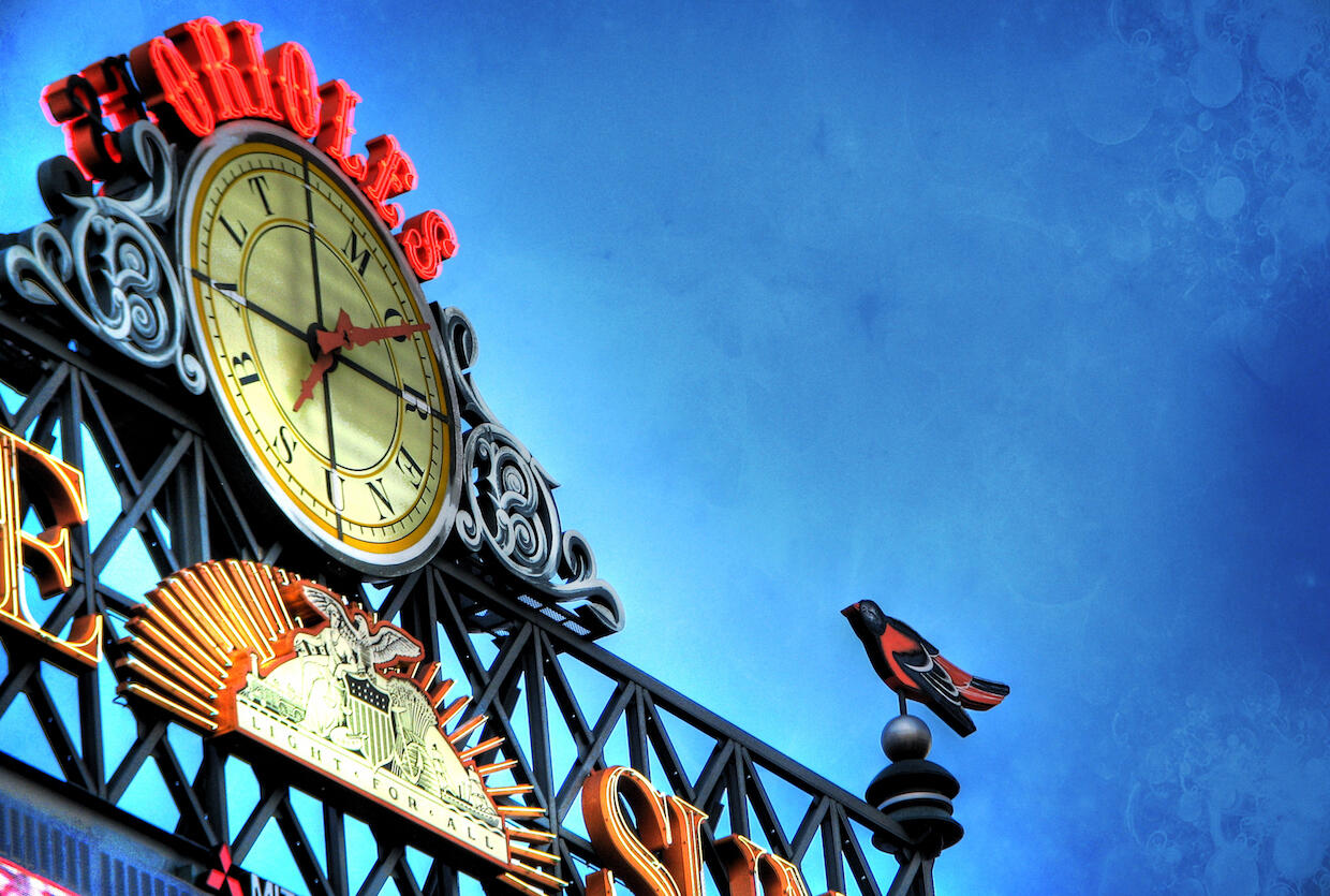 Image of retro scoreboard clock at Oriole Park at Camden Yards