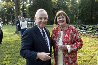 VCU President Eugene P. Trani and Inger Rice at the dedication of the new research pier located on the property that Mrs. Rice donated to VCU in 2000. Photo by Jennifer Watson, VCU Creative Services
