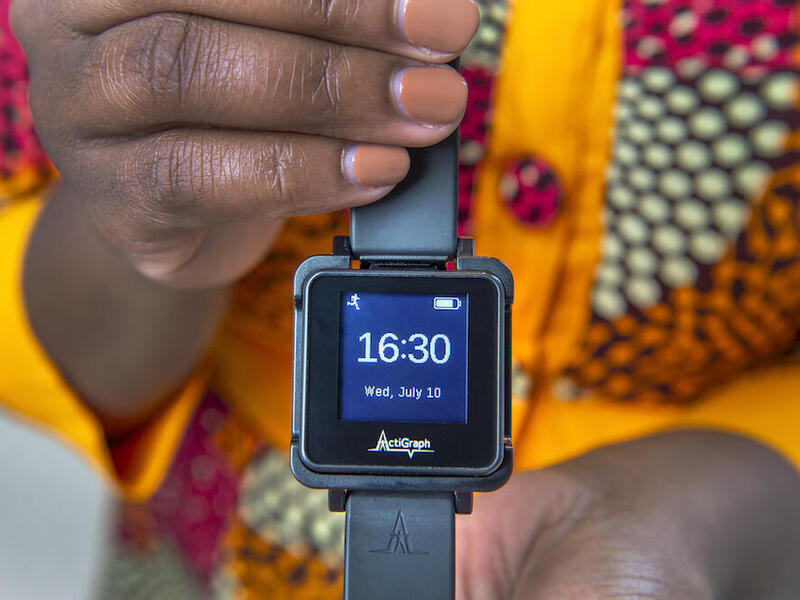 Square digital watch that measures rest and activity. 