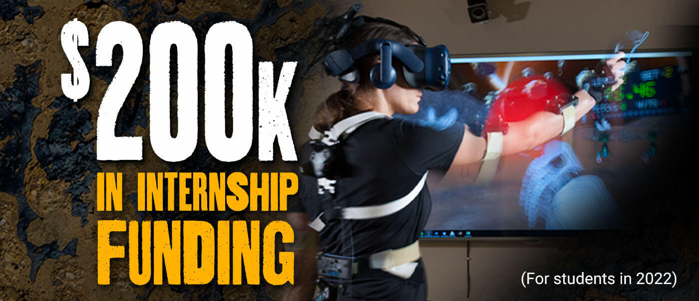 A student wearing a VR headset engages in an experiential learning activity next to the text "$200K in internship funding (for students in 2022)"