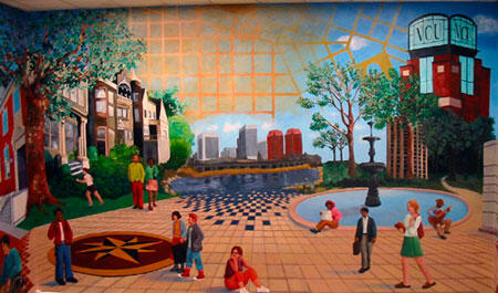  The new mural in James Branch Cabell Library is painted on three connecting walls. Shown above is the middle section of the mural, which features the Siegel Center, a skyline view of several Richmond downtown buildings and the compass on VCU's Academic Campus.

Photo by Malorie Janis, University News Services