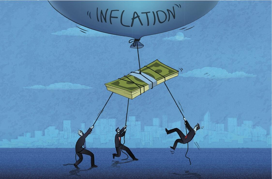 Three men in suits holding ropes tied to a stack of dollar bills being lifted into the hair by a balloon that says \"inflation.\"