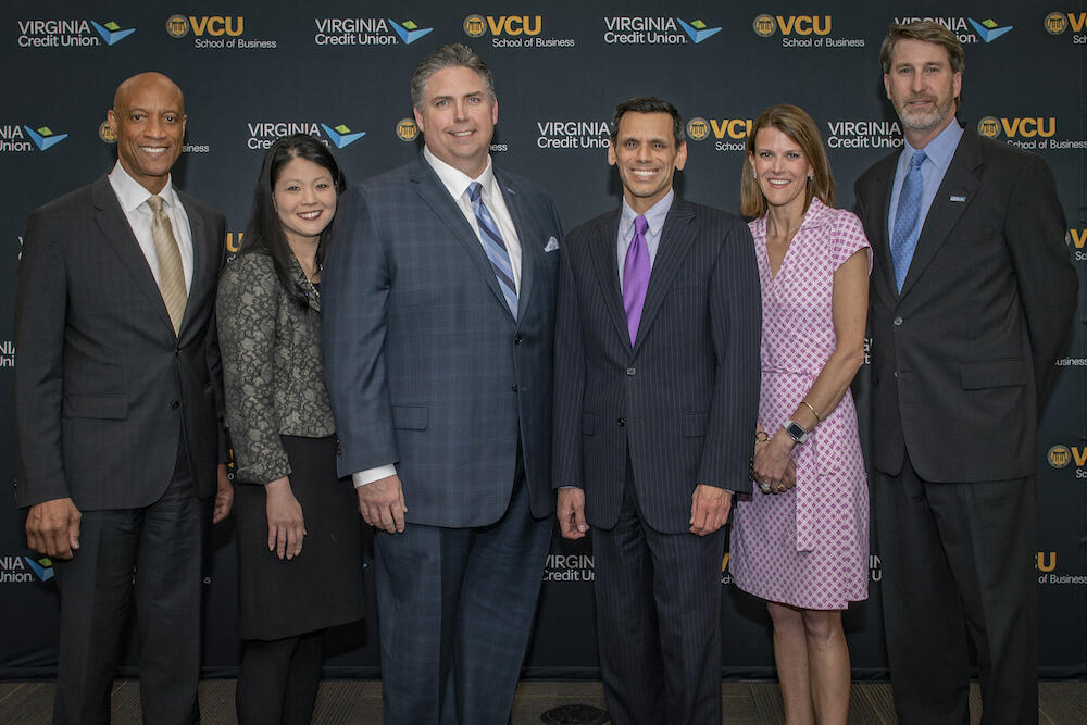 From left, Ed Grier, dean of the VCU School of Business; Cherry Dale, financial education director, Virginia Credit Union; Chris Shockley, president and CEO, Virginia Credit Union; Michael Rao, Ph.D., president of VCU; Laura Kottkamp, executive director, School of Business Foundation & Corporate Relations; Eric Tolbert, chairman, VACU Board of Directors. (Photo courtesy VCU School of Business)