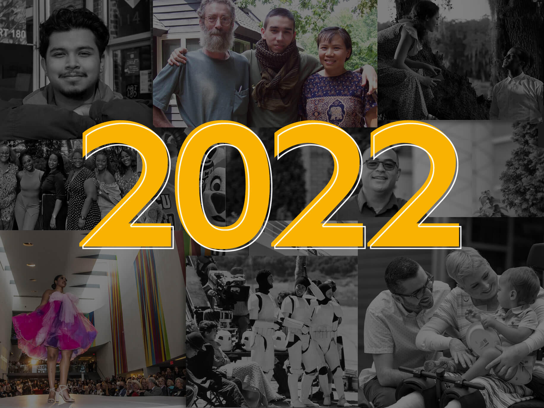 \"2022\" written in yellow numbers on top of a collage of photos. 