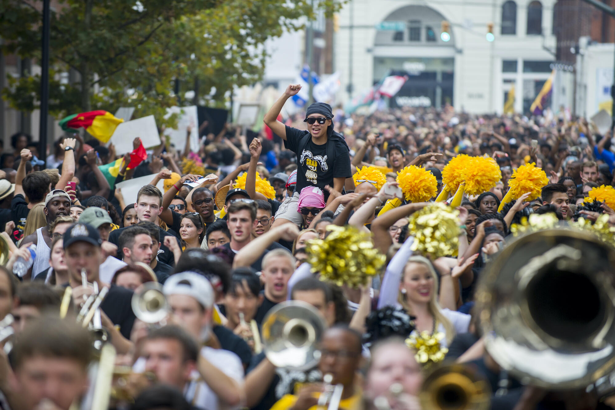 In this 2015 photo, hundreds of VCU students parade through the Monroe Park Campus for the Ram Spirit Walk.