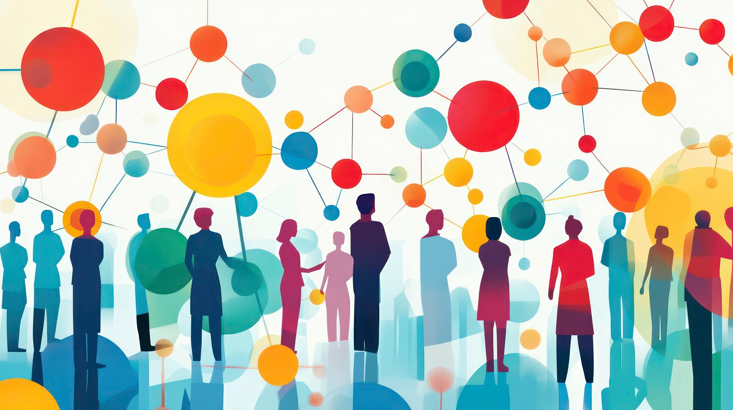 An illustration of different colored silhouettes of people standing under circles connected with lines.