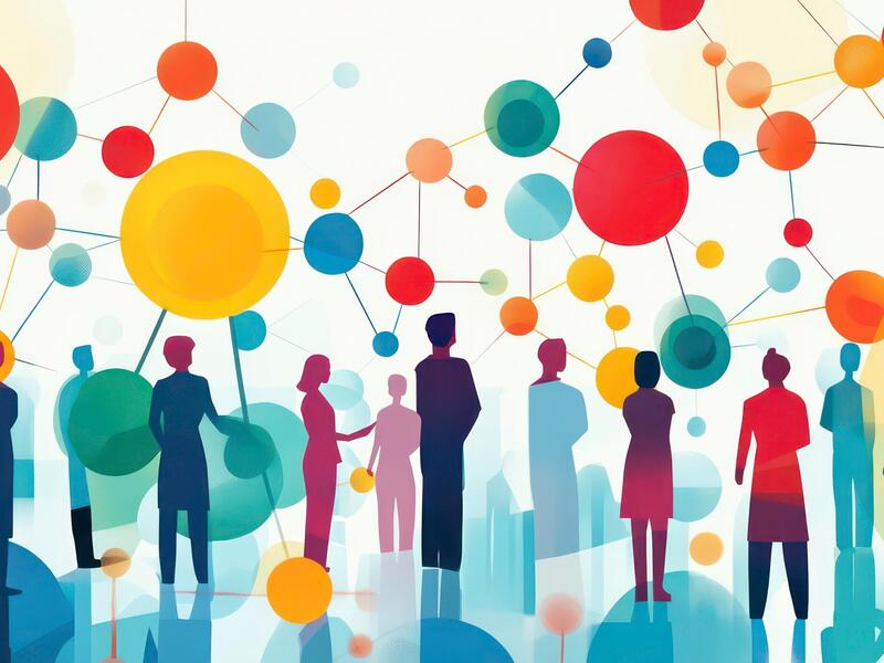 An illustration of different colored silhouettes of people standing under circles connected with lines.