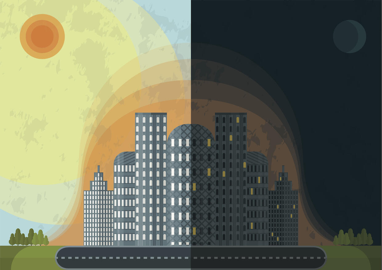 Illustration of the urban heat island effect, when the temperature in the cities is higher than in surrounding areas.