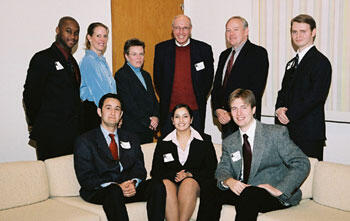 VCU’s winning team poses with judges from the competition. Front row from left: students Hulusi Zarpli, Pasant Abbas, Aaron Dale. Back row from left: student Brian Reese, judge Margaret Ray, judge Anne Hallerman, associate professor Dennis O'Toole, judge Ray Owens, and student Matthew Kona.

Photo courtesy of Federal Reserve Bank of Richmond