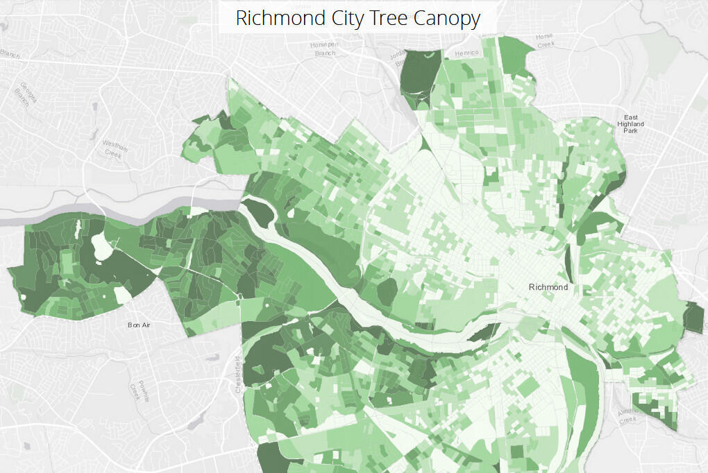 A map of Richmond, color coded dark green for areas with high tree canopy cover and lighter green for areas with low tree canopy cover.