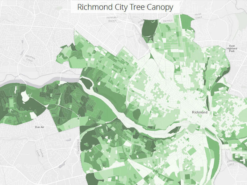 A map of Richmond, color coded dark green for areas with high tree canopy cover and lighter green for areas with low tree canopy cover.